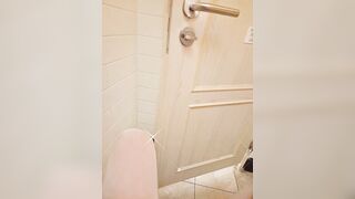 Femboy about to caught while exposure in public boyss wc with iron v-card box and miniskirt on.