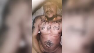 Muscle tat guy wanking and erupting torrid jizm all over his own figure