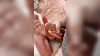 Fondling man sausage to lollipop
