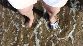 Soles and the river additional slowmotion - one sole bootlessly and sole in slip - supreme soles in river