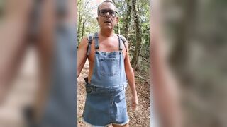 Ambling around nude in microskirt overalls