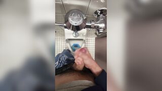 Uncircumcised nubile wanks off in public douche urinal before solo wordy jizz shot with bellowing