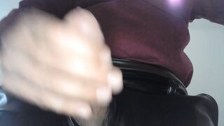 CLOSE-UP CUM-SHOT IN LEATHER TROUSERS