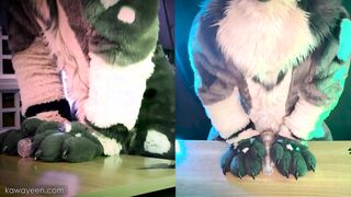 Hyena fursuiter displays fondles and penetrates fleshlight
