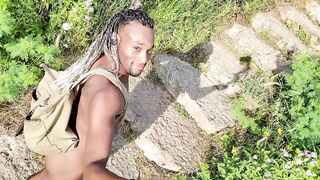 CAUGHT BARE IN PUBLIC! BIG BLACK COCK gets stiff when caught in the park ambling naked for all to witness!!