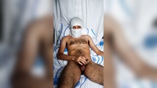 Hooded thug flashing hir furry masculine butt-hole and frolicking with his unshaved trunk and nut sack