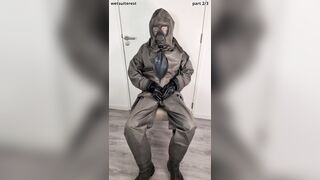 Breathplay getting off Zodiac Zodiak powerful condom hazmat suit with gasmask rebreathing bag, mittens, shoes