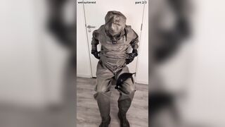 Breathplay getting off Zodiac Zodiak powerful condom hazmat suit with gasmask rebreathing bag, mittens, shoes