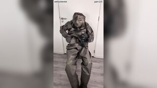 Breathplay getting off Zodiac Zodiak powerful condom hazmat suit with gasmask rebreathing bag, mittens, shoes