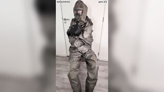Breathplay getting off Zodiac Zodiak powerful condom hazmat suit with gasmask rebreathing bag, mittens, shoes