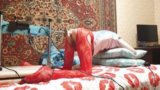 Sasha Earth in an glamour costume having bang-out with a penetrate machine homemade