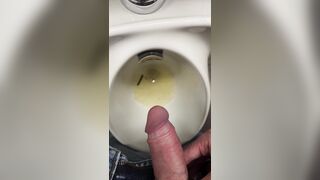 Milking, peeing, jizzing. School uncircumcised boy plays with foreskin in public urinal