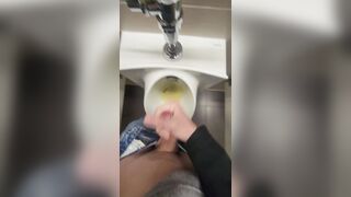Milking, peeing, jizzing. School uncircumcised boy plays with foreskin in public urinal