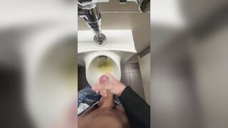 Milking, peeing, jizzing. School uncircumcised boy plays with foreskin in public urinal