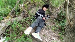 The uber-cute homo lad stroking off his manhood, pulled thru his fly while outdoors, is Jon Arteen