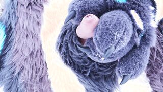 Hyena fursuiter in the snow outdoor porno