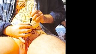 Guy assets paint and masturbating