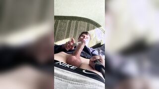 Man in a sweatshirt milks off, ejaculates in the douche, munches up the man gravy.