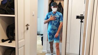 Bulky Euro fellow poses in stellar cycling suit