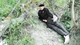 Jon Arteen Homosexual lad faps off outdoors, dry-porks the air, and shoots spunk thru a fuck-hole in his trousers