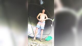 Public stroking monster cock in a culvert huge load