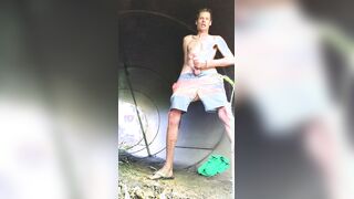 Public stroking monster cock in a culvert huge load