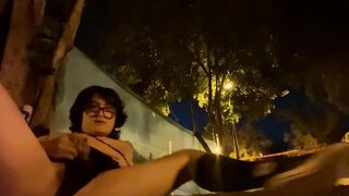 Femboy masturbates his ass in public and pisses all over himself