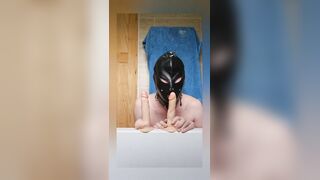 Sissy Sub plugged and ball-gagged, taking 2 faux-cocks before gulping 17.8