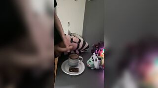 Femboy shoots a load in his coffee and guzzles it all
