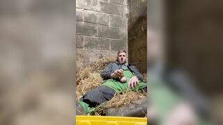 Farmer fapping and shooting a hefty stream in the straw