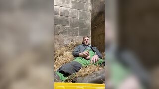Farmer fapping and shooting a hefty stream in the straw