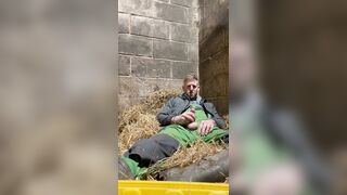 Farmer fapping and shooting a hefty stream in the straw