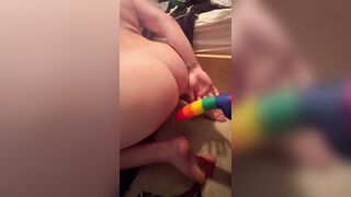 Lad gapes & blows a load while railing faux-cock