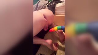 Lad gapes & blows a load while railing faux-cock