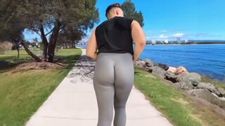 Enormous elastic donk in taut stretch pants jogging in public