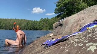 Canadian boy sunbathes in his swim boxers before bare snorkelling!
