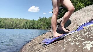Canadian boy sunbathes in his swim boxers before bare snorkelling!