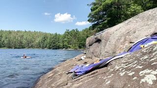 Canadian boy sunbathes in his swim boxers before bare snorkelling!