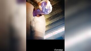 Hubby plumbs his bum outback with a giant faux-cock