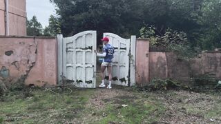 Delivery dude trussed up and plowed by hooded stud in deprived building