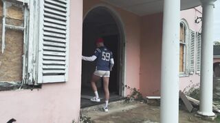 Delivery dude trussed up and plowed by hooded stud in deprived building