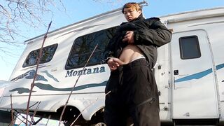 Messy dude urinating outside and packing a jar with scorching yellow pee