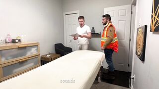 Construction man gets strong rubdown therapy by fresh masseuse