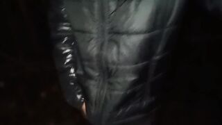 Outdoor stroking and money-shot with winter shining jacket