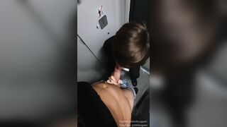 Twunk gargles a stranger from the grinder in the teach restroom, finishes off in his hatch and drinks jizz