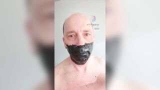 Liquid Spandex Gag - facehole sealed with multi-layers of ebony spandex! Mmmph