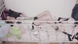 Sissy bunny blows a load with massager roped in humid nappy