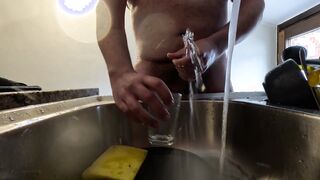 Washing dishes with urinate and spunk