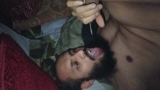 Faggot masturbating and gobbling his own jizz