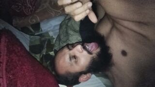 Faggot masturbating and gobbling his own jizz